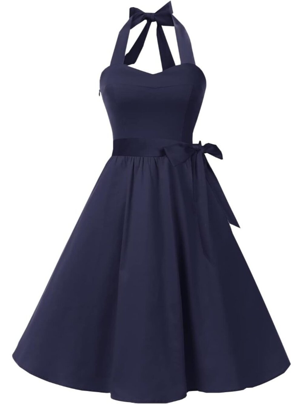 Women's Navy Blue Halter Neck Vintage Polka Audrey Retro Cocktail Dress